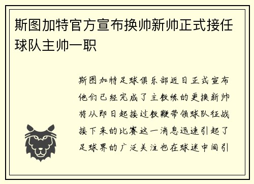 斯图加特官方宣布换帅新帅正式接任球队主帅一职